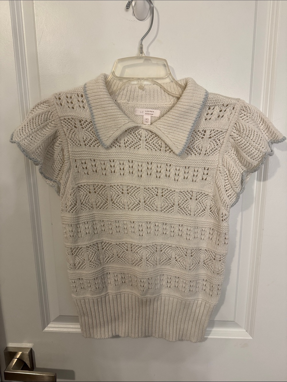 LC Lauren Conrad Cream Pointelle Knit Polo Top with Flutter Sleeves